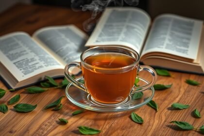 Java tea in a glass cup with fresh leaves and open books