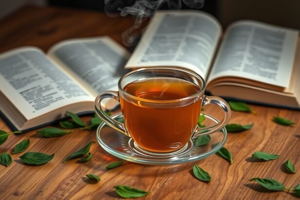 Java tea in a glass cup with fresh leaves and open books