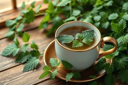 Csalánlevél tea friss zöld levelekkel egy elegáns csészében.