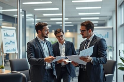 Három üzletember operatív lízingről társalog irodai környezetben.