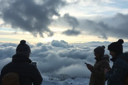 Három ember áll a felhők felett, hideg időben, mobiltelefonokat használva.