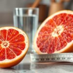 Fél grapefruit vízzel és centiméterrel, a fogyás és egészség támogatásáért.