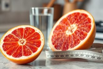 Fél grapefruit vízzel és centiméterrel, a fogyás és egészség támogatásáért.