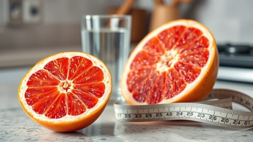 Fél grapefruit vízzel és centiméterrel, a fogyás és egészség támogatásáért.