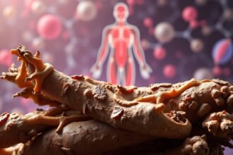 Glabridin gyökerek, háttérben az emberi test és mikroszkopikus elemek.