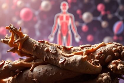 Glabridin gyökerek, háttérben az emberi test és mikroszkopikus elemek.