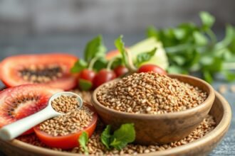 Lenmagpehely, friss zöldségek és fűszernövények egy tálban.