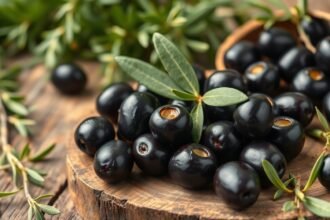 Fekete olajbogyók friss mediterrán környezetben.