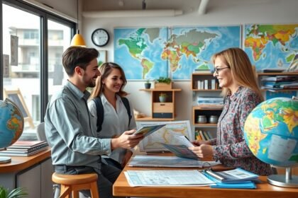 Utazási iroda, ahol ügyfelek nyaralást terveznek szakértő segítségével.