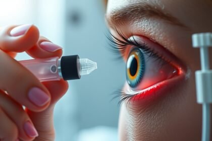 Pupillatágító szemcsepp alkalmazása orvosi kezelés során.