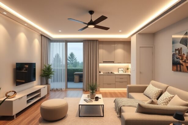 Modern okos otthon nappali központi vezérléssel és kényelmes berendezéssel.