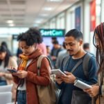 Fiatalok digitális eszközöket használva, reklámok hatása zajlik