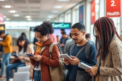 Fiatalok digitális eszközöket használva, reklámok hatása zajlik