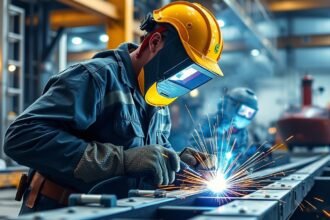 Porbeles hegesztés ipari környezetben, fémanyagra összpontosítva.