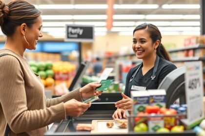 Vásárló Penny kártyával a bolt kasszájánál.