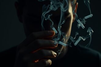 A herbál cigaretta füstje, figyelmeztetés a veszélyekre és mellékhatásokra.