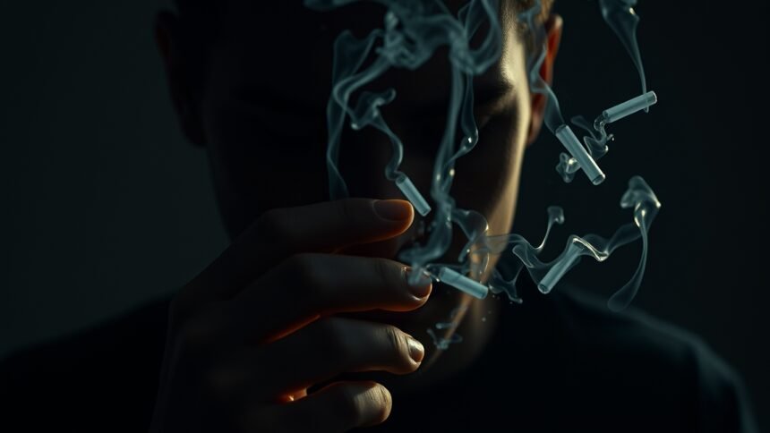 A herbál cigaretta füstje, figyelmeztetés a veszélyekre és mellékhatásokra.