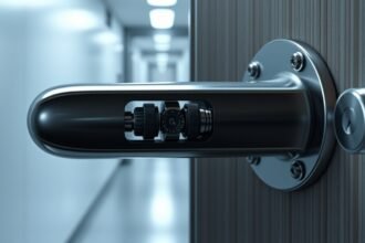 Modern pánikzár részlete ajtón, amelyek segítik a biztonságos menekülést.