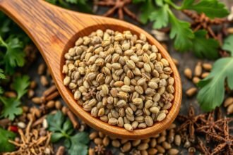 Fűszerkömény magok f wooden kanálban, körülfogva friss fűszernövényekkel.