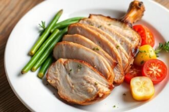 Szeletelt sertéshús zöldbabbal és paradicsommal köretként.