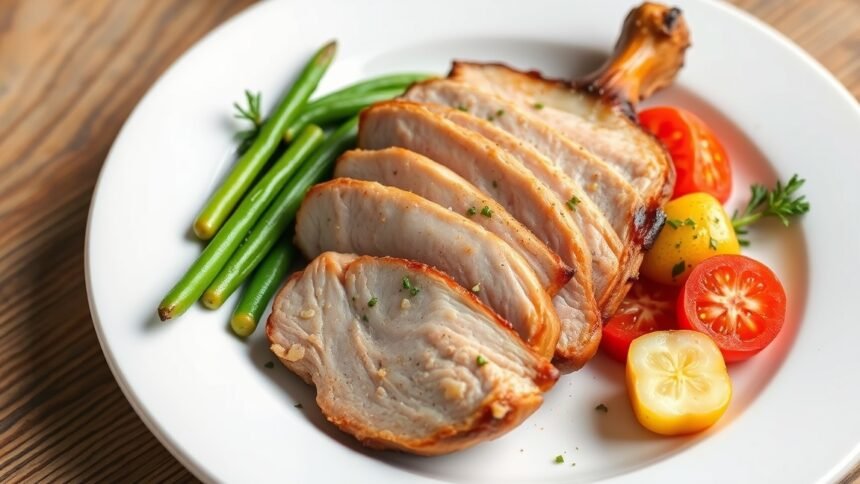 Szeletelt sertéshús zöldbabbal és paradicsommal köretként.