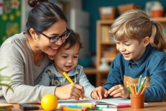 Szülő és gyermekek közös tanulás tanteremben, kedves pillanat