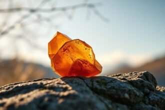 Aranybarna borostyánkristály sziklán, természetes fényben.