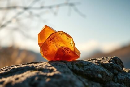 Aranybarna borostyánkristály sziklán, természetes fényben.