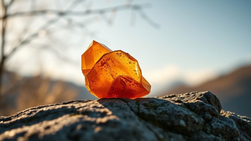 Aranybarna borostyánkristály sziklán, természetes fényben.