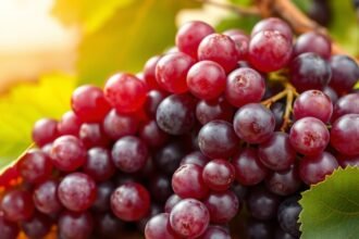 Moldovai szőlőfürtök friss zöld levelek között, napfényben.