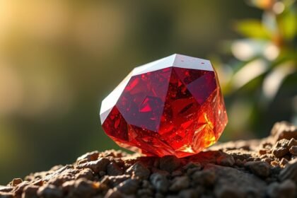 Hesszonit gránát közelről, ragyogó piros színben a természetben.