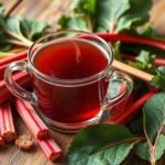 Rebarbara tea with fresh rhubarb leaves and stalks on wooden table.