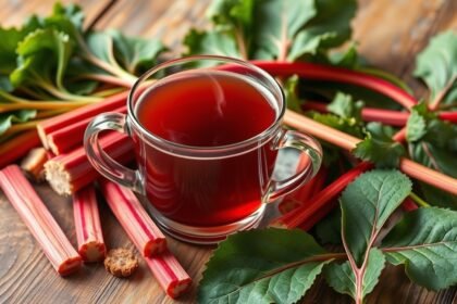 Rebarbara tea with fresh rhubarb leaves and stalks on wooden table.