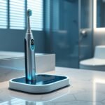 Elektromos fogkefe új töltéstechnológiával a fürdőszobában.