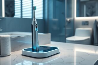 Elektromos fogkefe új töltéstechnológiával a fürdőszobában.