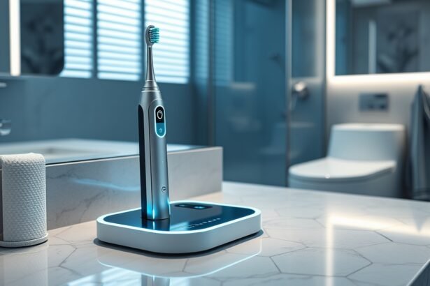 Elektromos fogkefe új töltéstechnológiával a fürdőszobában.