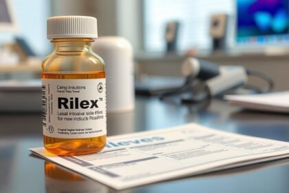 Rilex gyógyszer palack, háttérben orvosi dokumentációval.
