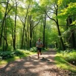 Férfi fut a zöld fák között erdei ösvényen