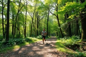 Férfi fut a zöld fák között erdei ösvényen