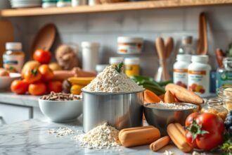 Feldolgozott élelmiszerek és táplálék kiegészítők a konyhában.