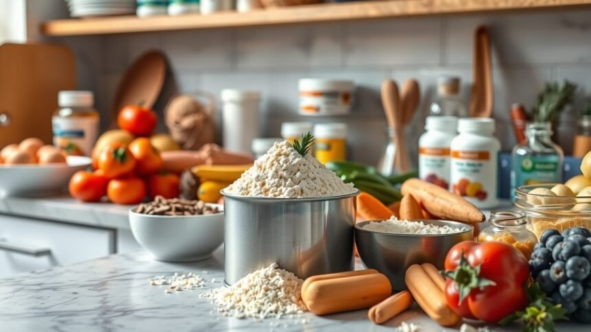 Feldolgozott élelmiszerek és táplálék kiegészítők a konyhában.