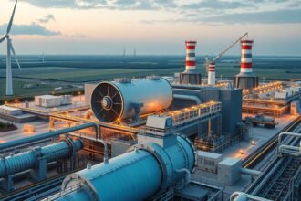 Gázerőművek és szélenergia telep a modern energiatermelésben.