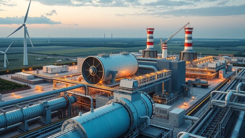 Gázerőművek és szélenergia telep a modern energiatermelésben.