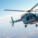 Modern helikopter a levegőben, rotorokkal és technológiával