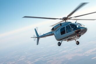 Modern helikopter a levegőben, rotorokkal és technológiával