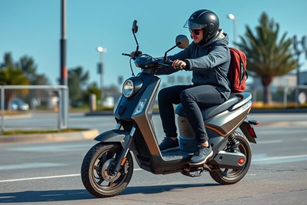 Elektromos roller városi közlekedésben, biztonsági felszereléssel.