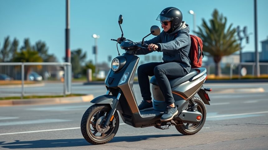 Elektromos roller városi közlekedésben, biztonsági felszereléssel.