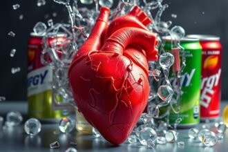 Egy torzított szív és energiaitalok az egészség kockázataival.