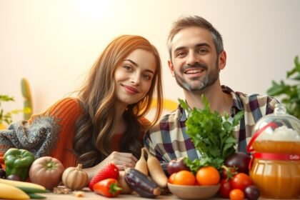 Fiatal pár zöldségekkel és gyümölcsökkel egy asztalnál.