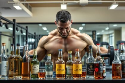 Férfi izommátnál alkoholtartalmú italokkal edzés közben